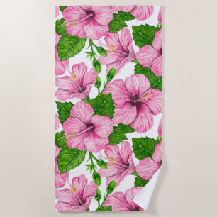Pink hibiscus watercolor pattern beach towel