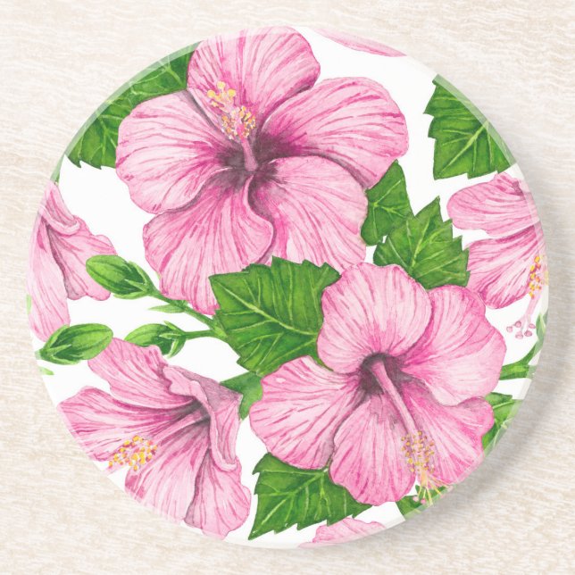 Pink hibiscus watercolor pattern coaster (Front)