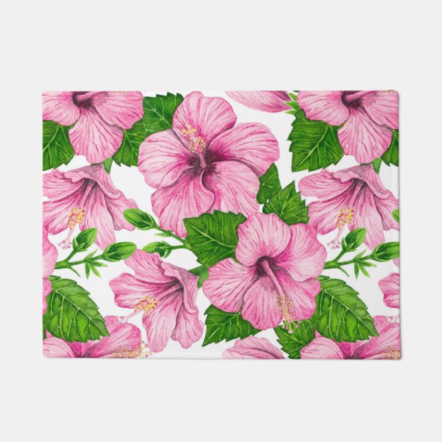 Pink hibiscus watercolor pattern doormat (Front)
