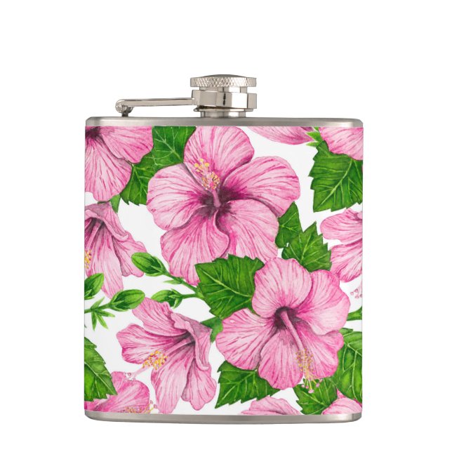 Pink hibiscus watercolor pattern hip flask (Front)
