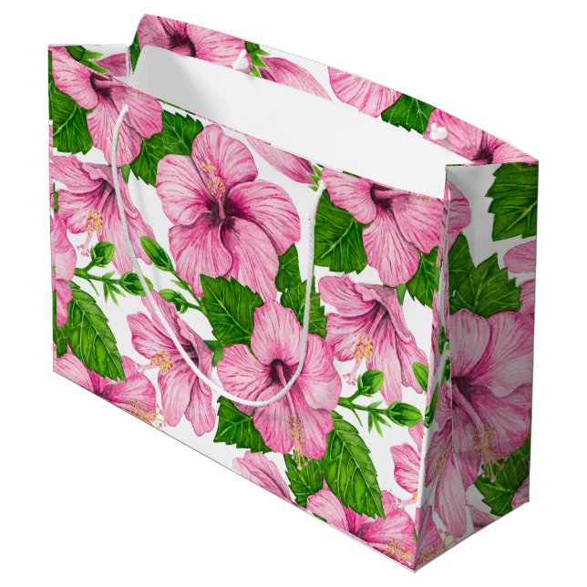 Pink hibiscus watercolor pattern large gift bag (Back Angled)