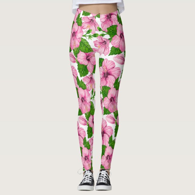 Pink hibiscus watercolor pattern leggings (Front)