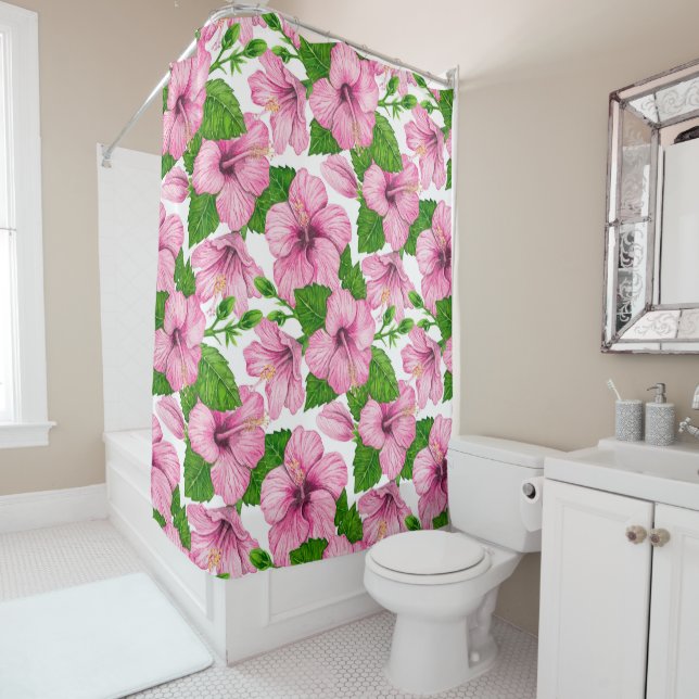 Pink hibiscus watercolor pattern shower curtain (In Situ)