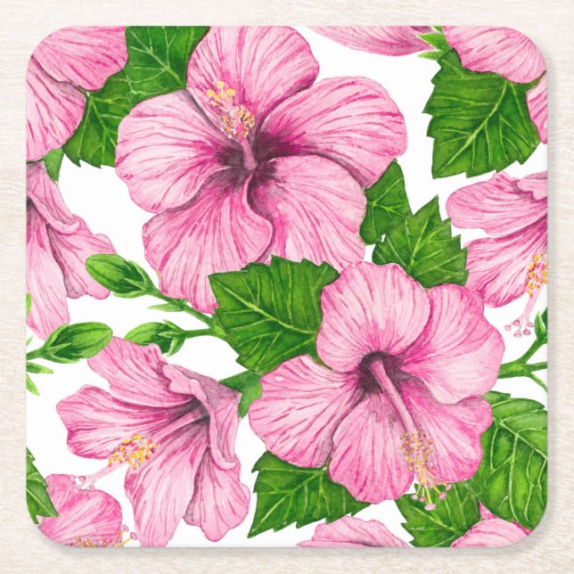 Pink hibiscus watercolor pattern square paper coaster (Front)