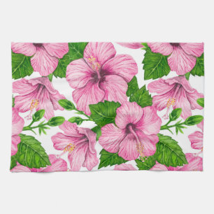 Pink hibiscus watercolor pattern tea towel