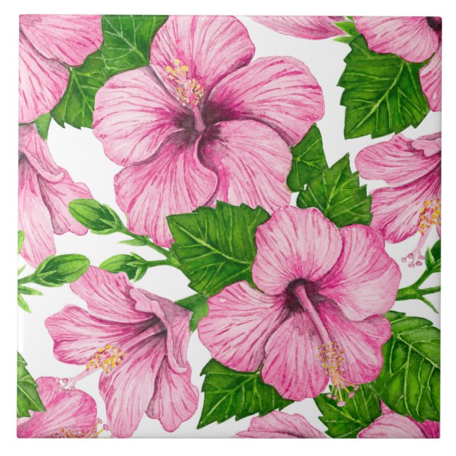 Pink hibiscus watercolor pattern tile (Front)