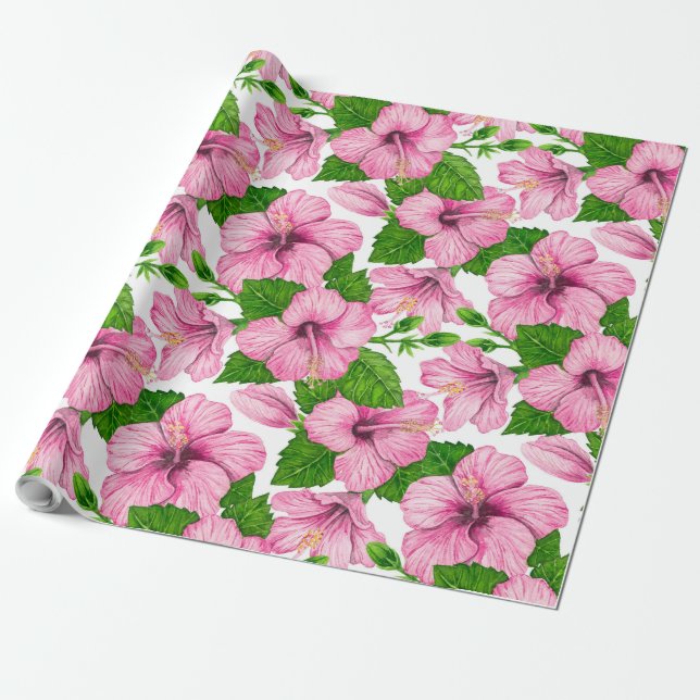 Pink hibiscus watercolor pattern wrapping paper (Unrolled)