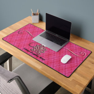 Pink Hibiscus Wavy Tartan-LGA logo in Sangria Desk Mat
