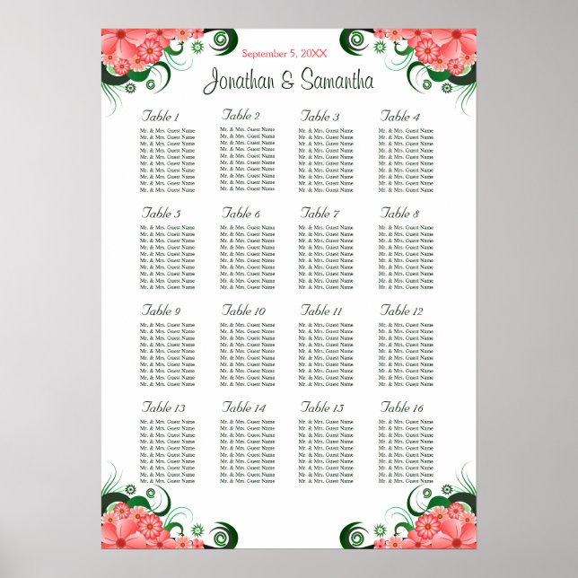 Pink Hibiscus Wedding 16 Tables Seating Charts (Front)