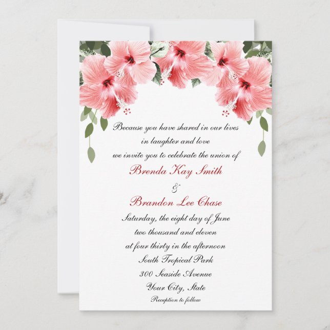 Pink Hibiscus Wedding Invitations (Front)