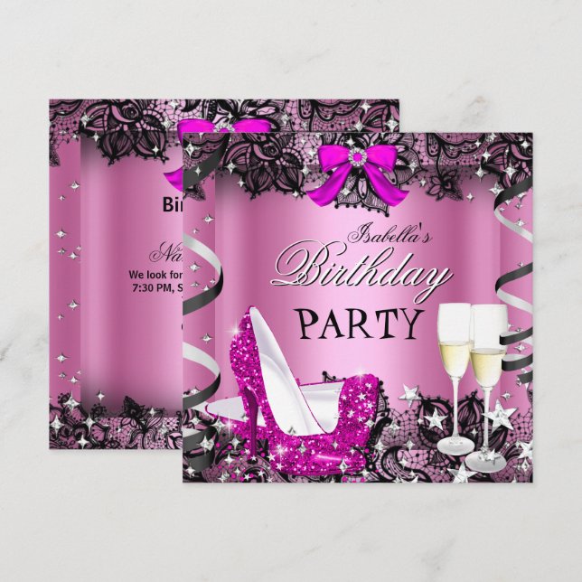Pink High Heel Champagne Black Lace Birthday Party Invitation (Front/Back)