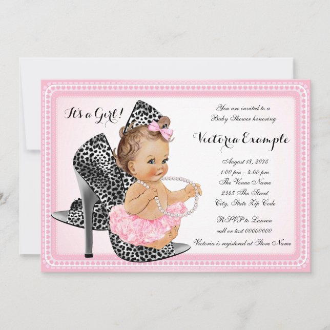 Pink High Heel Shoe Tutu Pearl Baby Shower Invitation (Front)