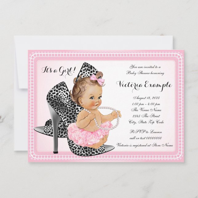 Pink High Heel Shoe Tutu Pearl Baby Shower Invitation (Front)