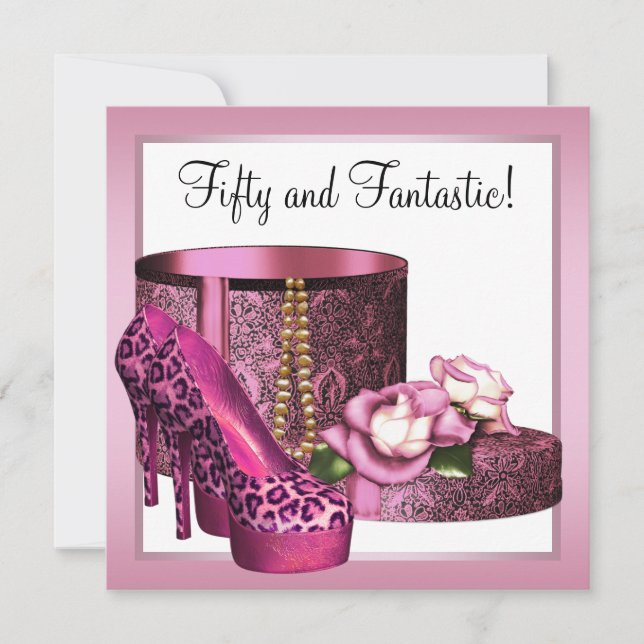 Pink High Heel Shoes Womans Leopard 50th Birthday Invitation (Front)