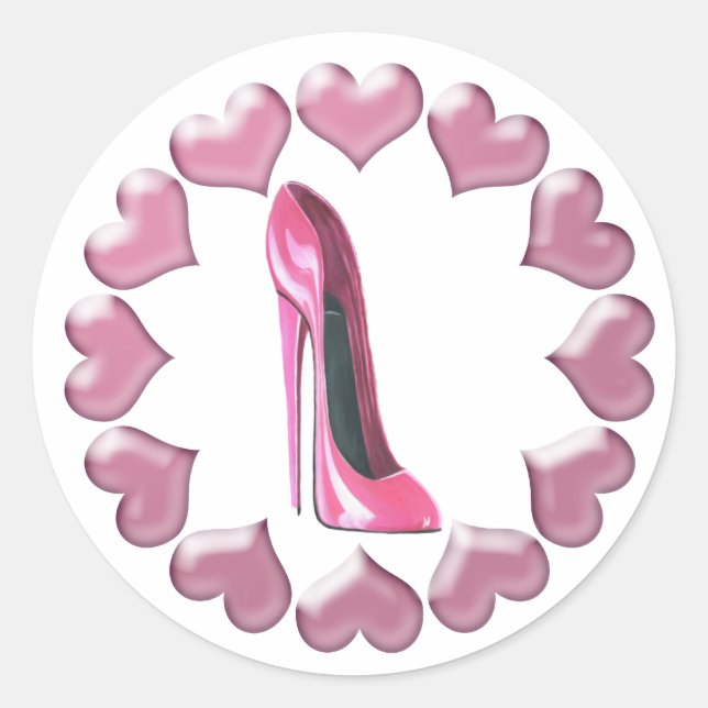 Pink High Heel Stiletto Shoe Art & Hearts Classic Round Sticker (Front)