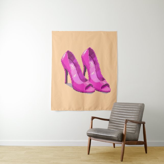 Pink High Heels 64-Bit Pixel Art Style Tapestry (In Situ)