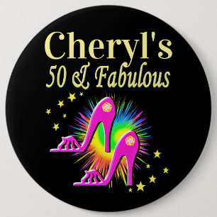 PINK HIGH HEELS PERSONALIZED 50TH BIRTHDAY 6 CM ROUND BADGE