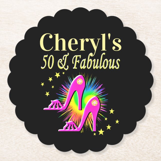 PINK HIGH HEELS PERSONALIZED 50TH BIRTHDAY PAPER COASTER (Front)