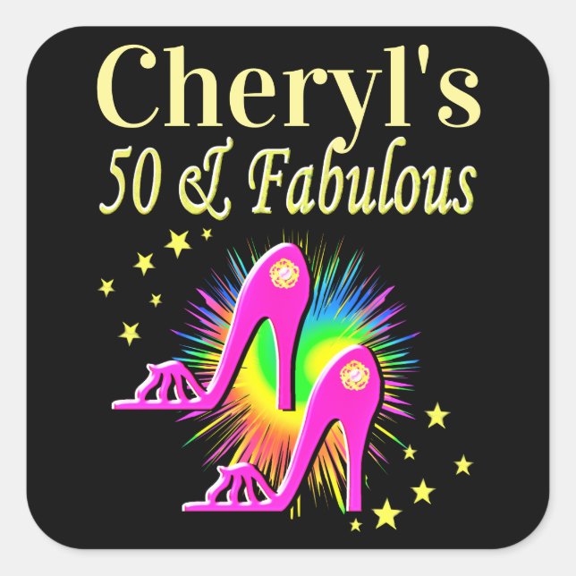 PINK HIGH HEELS PERSONALIZED 50TH BIRTHDAY SQUARE STICKER (Front)