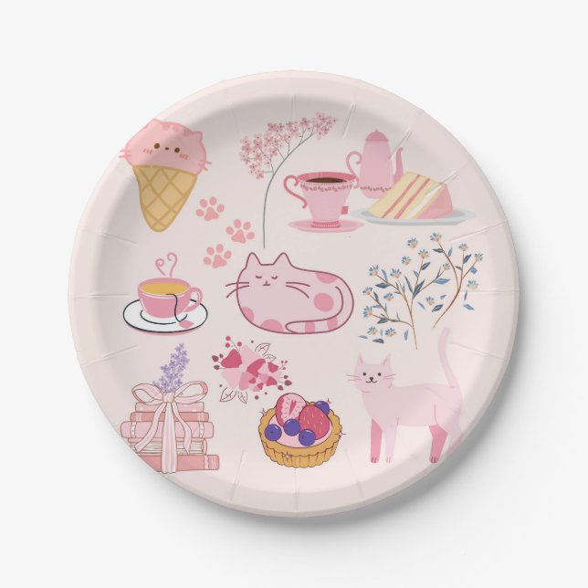 Pink High Tea Cats Paper Plate (Front)