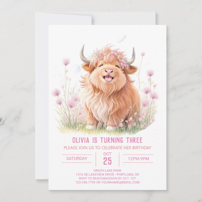 Pink Highland Cow Adventure Girl Birthday Invitation (Front)