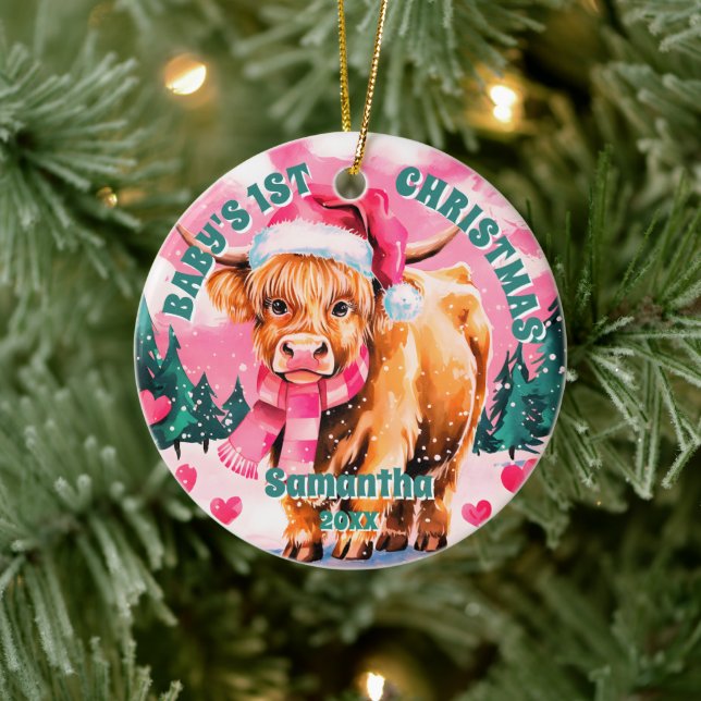 Pink Highland Cow Baby 1st Christmas Photo Ceramic Tree Decoration (Tree)