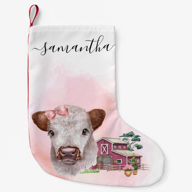 Pink Highland Cow Baby Calf Watercolor Small Christmas Stocking (Front)