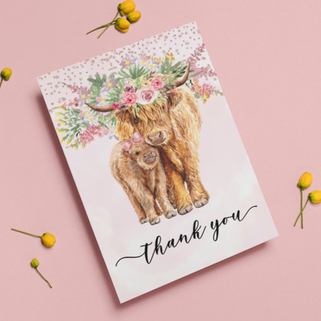 Pink Highland Cow Baby Shower Thank you Card (Creator Uploaded)