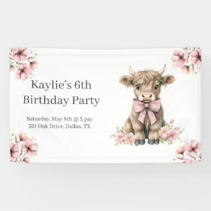 Pink Highland Cow Birthday Party Banner
