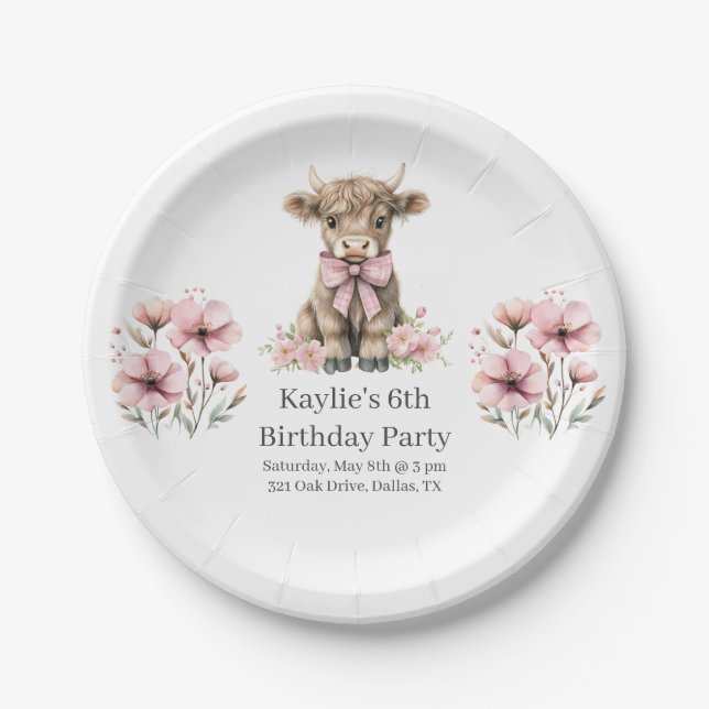 Pink Highland Cow Birthday Party Paper Plate (Front)
