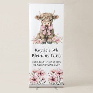 Pink Highland Cow Birthday Party Retractable Banner