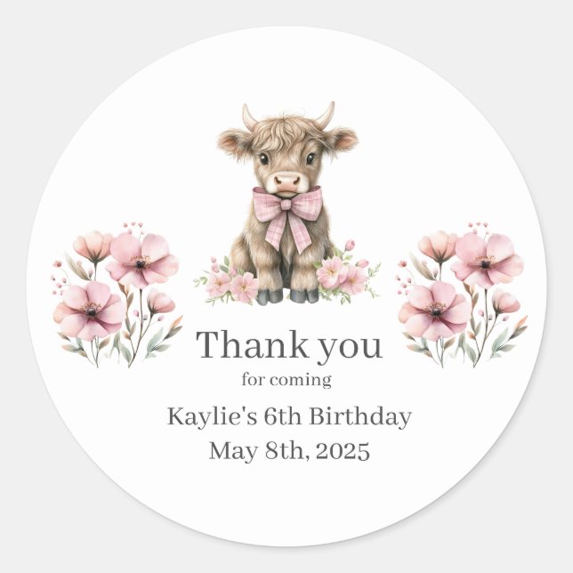 Pink Highland Cow Birthday Party Thank You Sticker (Front)