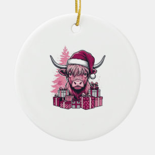 Pink Highland Cow Christmas Gifts Vintage Art_1 Ceramic Tree Decoration