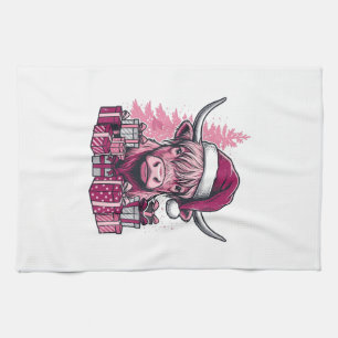 Pink Highland Cow Christmas Gifts Vintage Art_1 Tea Towel