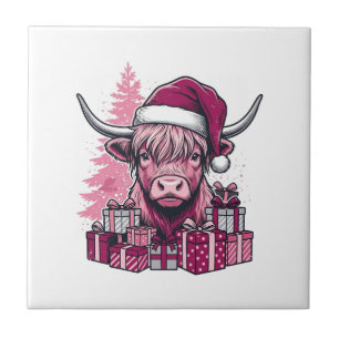 Pink Highland Cow Christmas Gifts Vintage Art_1 Tile