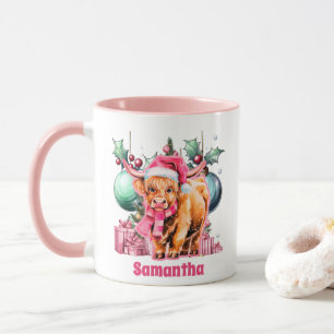 Pink Highland Cow Christmas Kids Hot Chocolate Mug