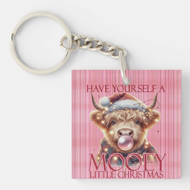 Pink-Highland Cow-Cute Cow-Christmas-Mooey Key Ring (Front)