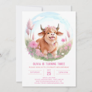 Pink Highland Cow Farmyard Magic Birthday Invitation