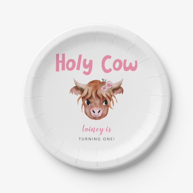 Pink Highland Cow Girl's Birthday Party  Paper Plate (Front)