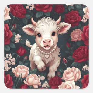 Pink Highland Cow Red Pink Rose Square Sticker