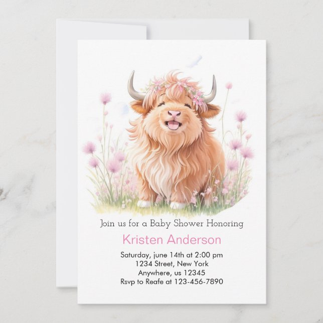 Pink Highland Cow Wildflower Girl Baby Shower Invitation (Front)