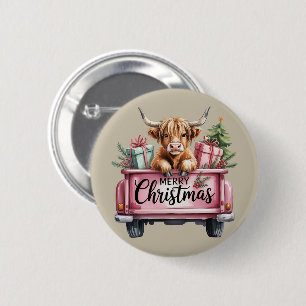 Pink Highland Cow Xmas Girly Fluffy Cow In Truck 6 Cm Round Badge