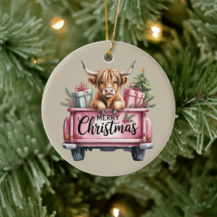 Pink Highland Cow Xmas Girly Fluffy Cow In Truck Ceramic Tree Decoration