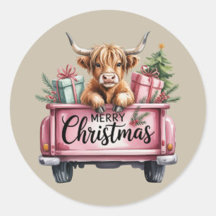 Pink Highland Cow Xmas Girly Fluffy Cow In Truck Classic Round Sticker