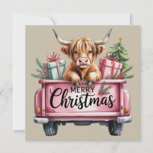 Pink Highland Cow Xmas Girly Fluffy Cow In Truck Holiday Card