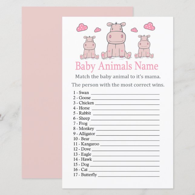 Pink Hippo Baby Animals Name Game (Front/Back)