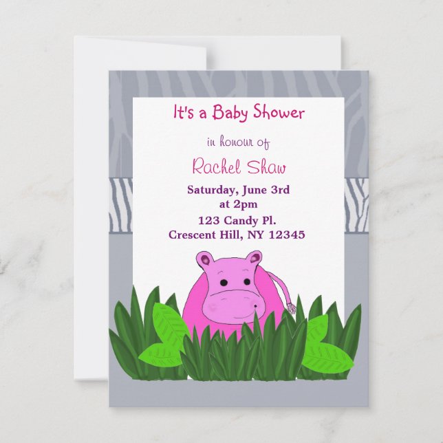 Pink Hippo Baby Shower Invitation (Front)