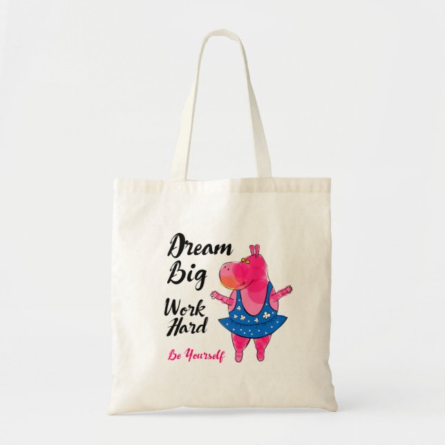 Pink hippo ballerina with inspirational sign tote bag (Front)