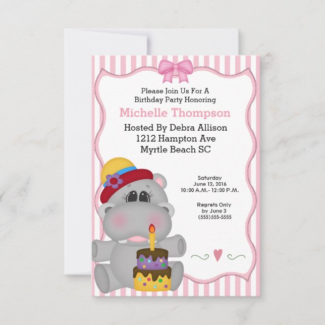 Pink Hippo Birthday Party Invitations (Front)