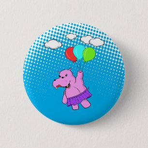 Pink Hippo Flying With Balloons 6 Cm Round Badge